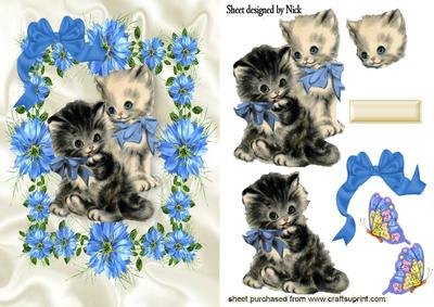 Vintage Kittens in Blue Flower Frame