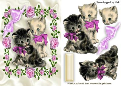 Vintage Kittens in Pink Rose Frame