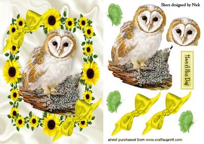 Owl in Sunflower Frame with Bows and Butterflies