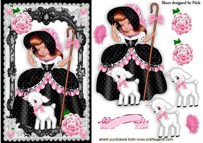 Pretty Bo Peep in Pink/black, with Little Lamb in Lace Frame