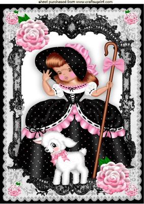 Bo Peep in Pink/black in Black Lace Frame with Roses A4