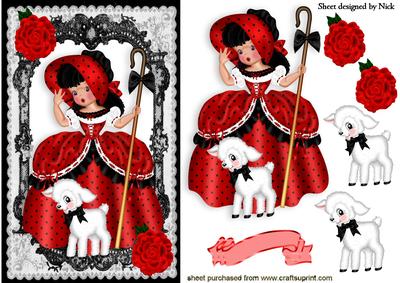 Bo Peep in Red/black with Little Lamb in Black Lace Frame