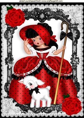 Little Bo Peep in Red/black with Little Lamb, Red Roses A4
