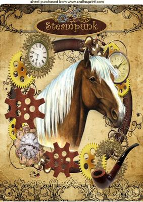 Horse in Clock Steampunk Frame with Pipe A4