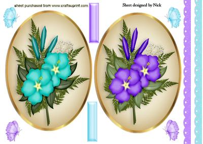 Floral Toppers in Gold Frame in Purple & Turq