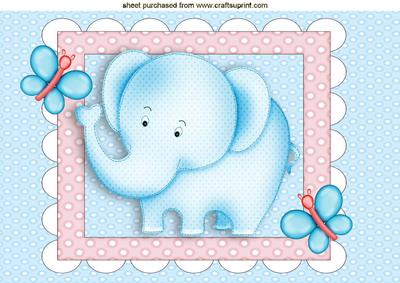 Cute Blue Elephant and Butterflies in a Frame A4