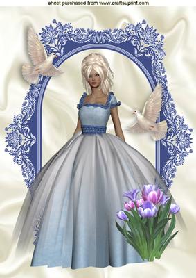 Pretty Lady with Doves and Tulips in Ornate Frame A4