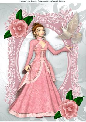 Beautiful Lady with Pink Camellias and Dove in Frame A4