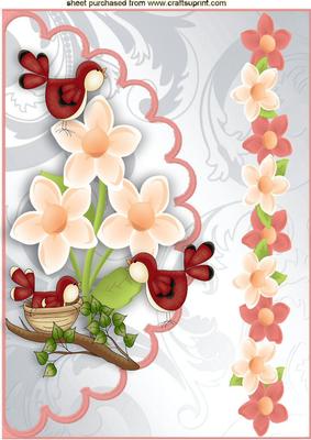 Little Birds Nest, Birds and Flowers on Scalloped Envelope