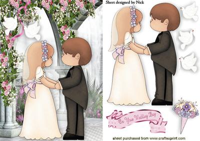 Lovely Wedding Couple with Doves in a Rose Garden