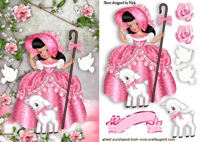 Little Bo Peep with Little Lamb, Pink Roses and Doves