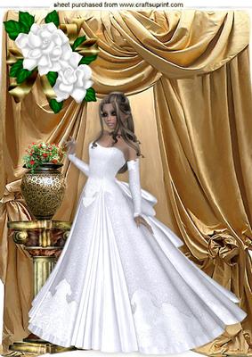 Just Stunning! Elegant Lady in White Gown, Gold Drapes A4