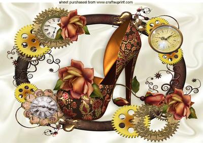 Ladies Gold Shoe with Roses in Clock Steampunk Frame A4