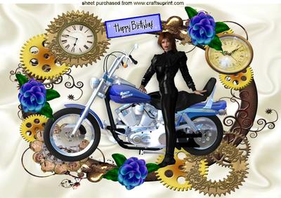 Lady on a Harley, in Steamclock Frame with Blue Flowers A4