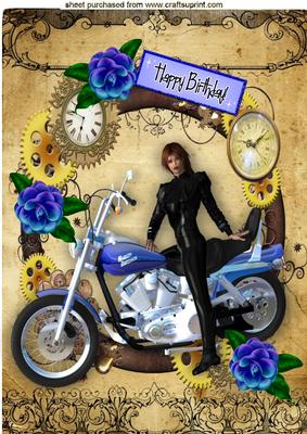 Harley Biker Babe in Steampunk Frame with Blue Flowers A4
