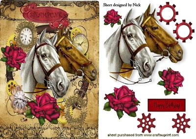 Horses in Steampunk Frame with Red Roses