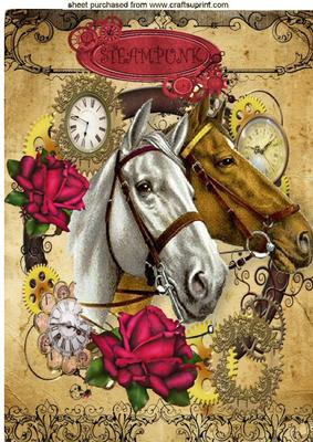 Horses in Steampunk Frame with Roses A4