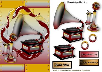 Gramophone and Vintage Telephone in Steampunk Frame