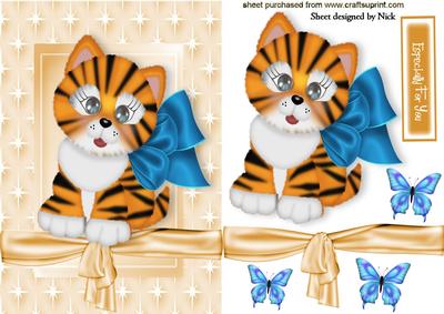 Little Tiger in Bow Star Frame with Butterflies