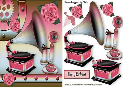 Pink Gramophone and Phone with Pink Roses in Steampunk Frame