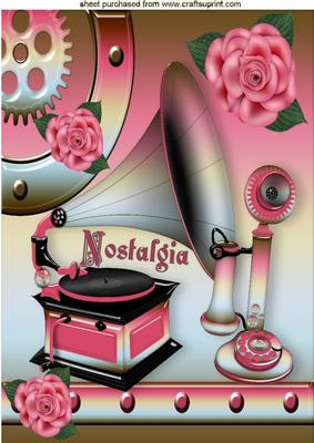 Pink Gramophone and Phone with Pink Roses in Steampunk A4