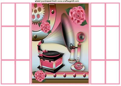 Pink Gramophone and Phone with Pink Roses French Gatefold