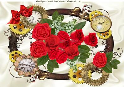 Beautiful Red Roses in Steampunk Frame with Bow A4