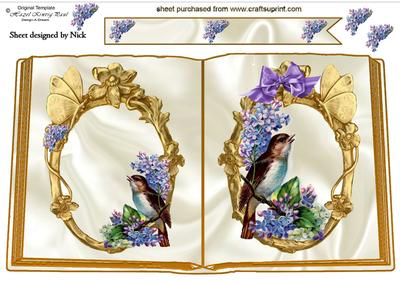 Pretty Bird with Flowers in Gold Frame Open Book A4