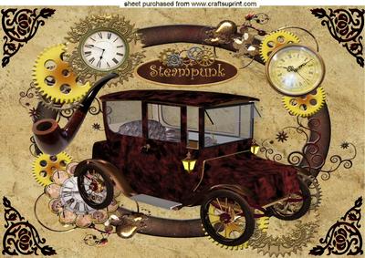Old Vintage Car in Clock Steampunk Frame with Pipe A4