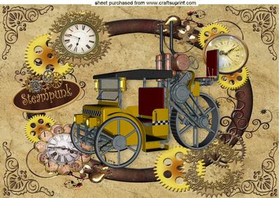 Vintage Steam Car in Steampunk Clock Frame A4