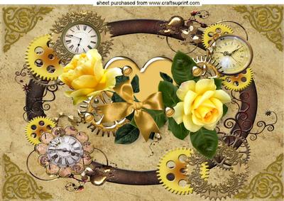 Gold Heart with Beautiful Yellow Roses in Steampunk Frame A4