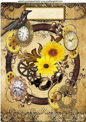 Yellow Flowers with Steampunk Bird in Clock Frame A4