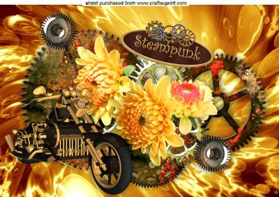 Old Steam Motor Bike with Flowers in Abstract Background A4
