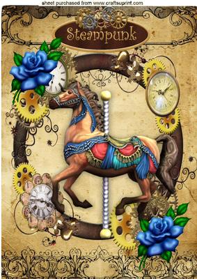 Carousel Horse in Steampunk Frame with Blue Roses A4
