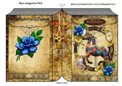 Carousel Horse with Blue Roses in Steampunk Folded Book