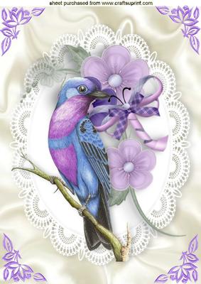 Pretty Bird with Lilac Flowers on Lace A4