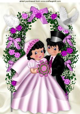 Pink Rose Arch with Wedding Couple and Doves A4