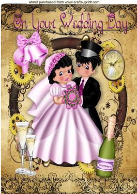 Wedding Couple with Champagne in Steampunk Frame A4