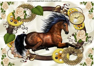 Beautiful Wild Horse with Cream Roses in Steampunk Frame A4