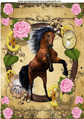 Wild Horse with Pink Roses in Steampunk Frame A4