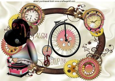 Gramaphone, and Penny Farthing in Steampunk Frame A4