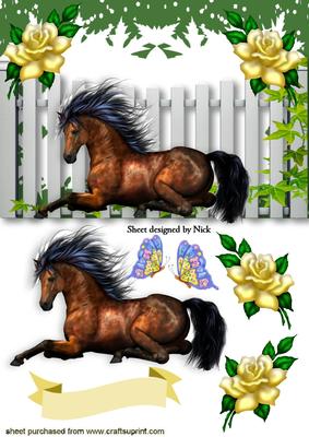 Wild Horse Laying Down with Pretty Yellow Roses