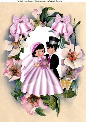 Pretty Bride & Groom in Pink in Frame of Pink Flowers