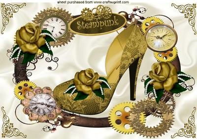 Gold Shoe with Gold Roses in Steampunk Frame A4