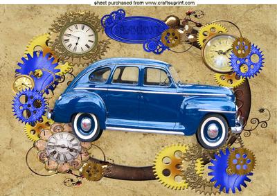 Vintage Blue Car in Steam Punk Frame A4