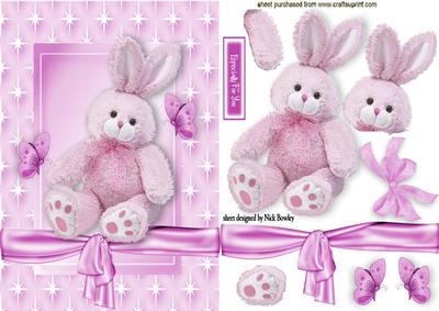 Fluffy Pink Bunny with Bow and Butterflies in Star Frame