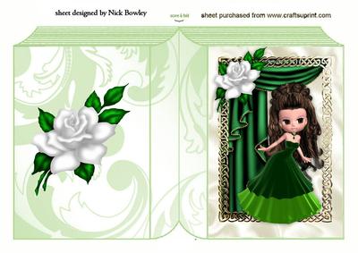 Beautiful Lady in Green Gown with White Rose Folded Book