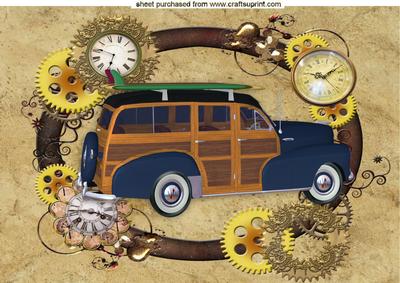 Steampunk Frame with Clocks 1948 Blue Wood Car A4