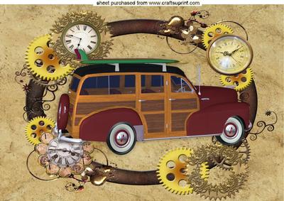 Steampunk Frame with Clocks and 1948 Red Woody Car A4
