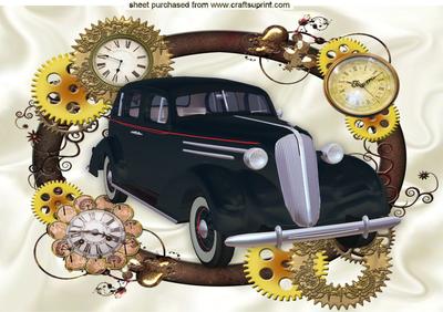 1936 Black Sedan Car in Steampunk Clock Frame A4